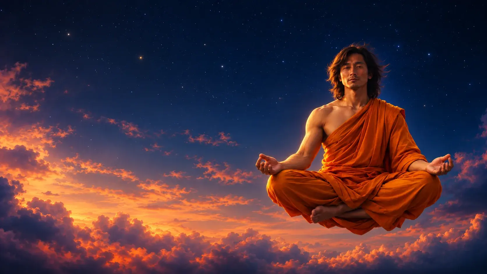 A figure in saffron robes meditating cross-legged, floating against a starlit sky above sunset clouds