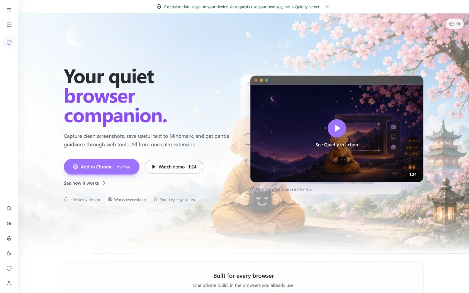 The Quietly Capture extension page: “Your quiet browser companion” with an Add to Chrome button and a demo video.
