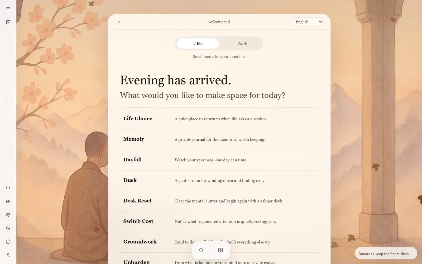 The Quietly.tools home screen: a welcome window listing tools such as Life Glance, Memoir and Dayfall, over an illustrated monastery garden.